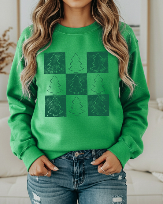 Christmas Tree Checker Pattern Sweatshirt – Festive Holiday Checkerboard Pullover