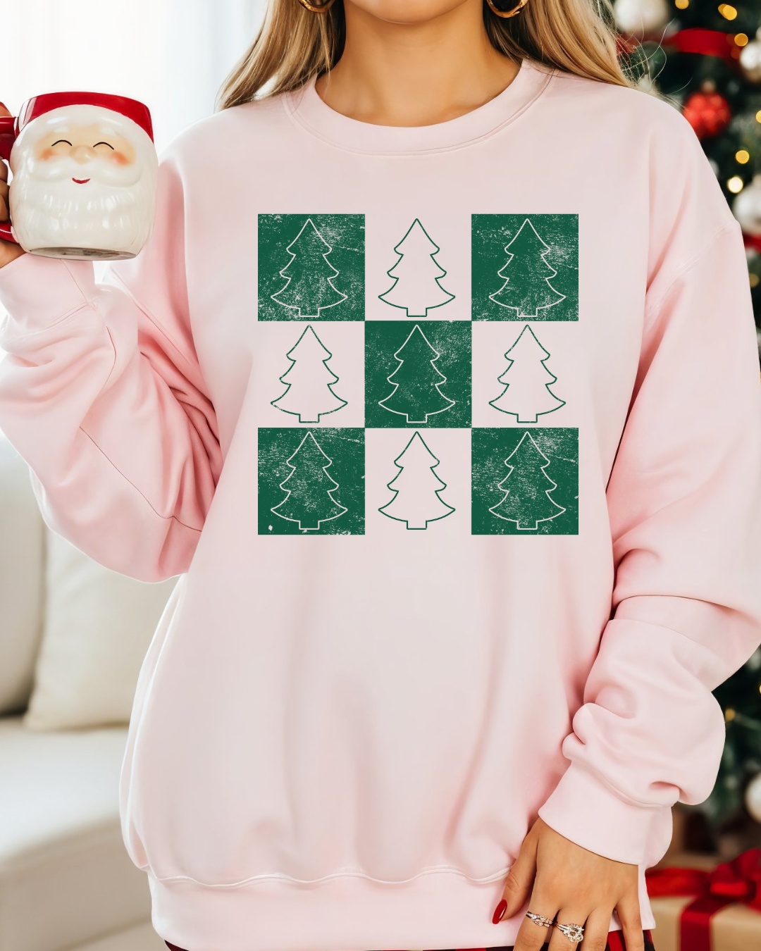 Christmas Tree Checker Pattern Sweatshirt – Festive Holiday Checkerboard Pullover