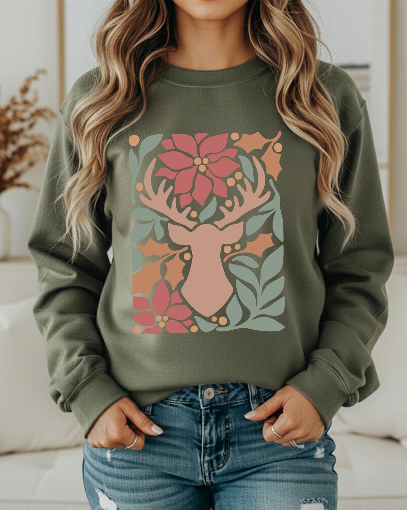 Rustic Reindeer Floral Christmas Sweatshirt – Cozy Holiday Crewneck