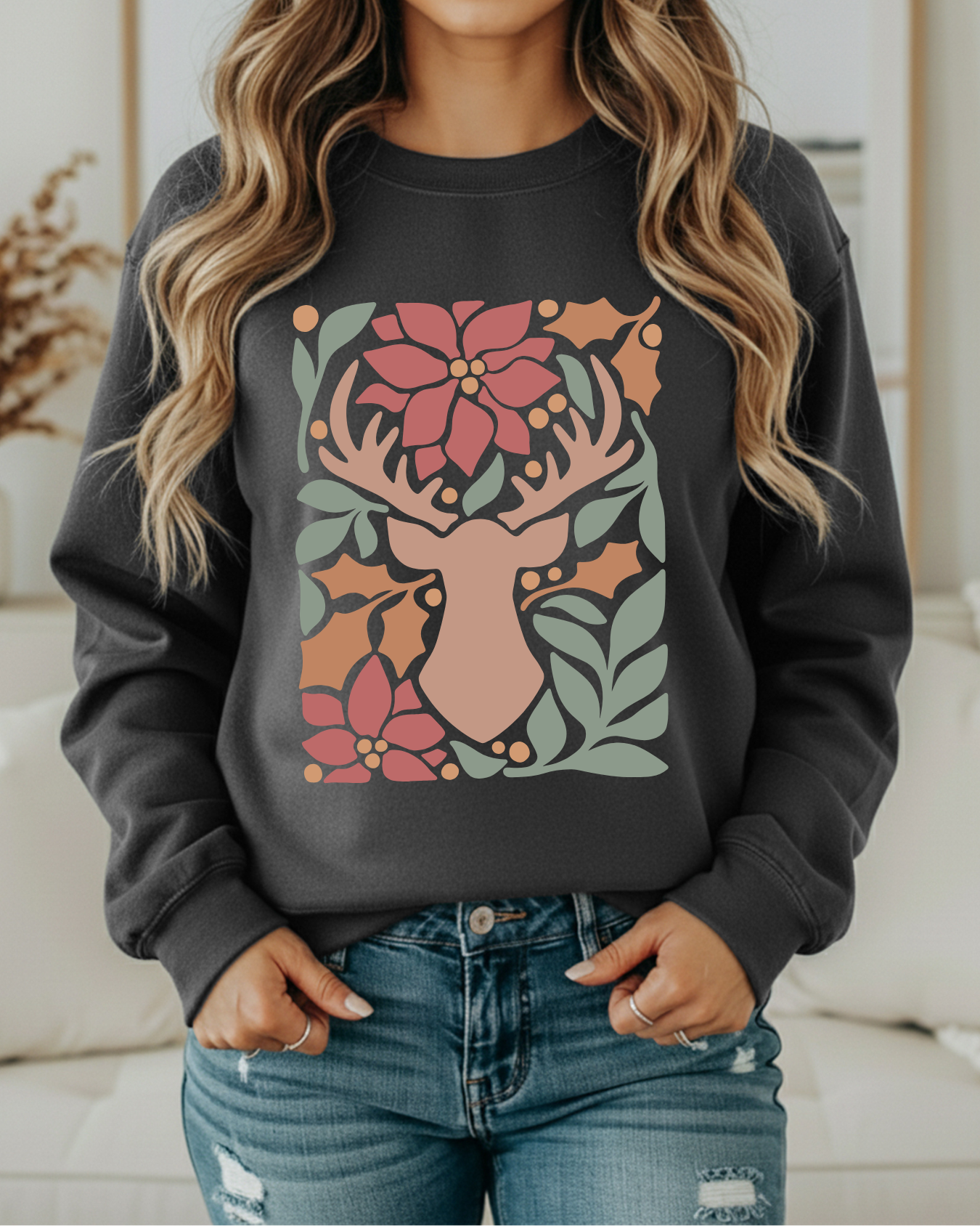 Rustic Reindeer Floral Christmas Sweatshirt – Cozy Holiday Crewneck
