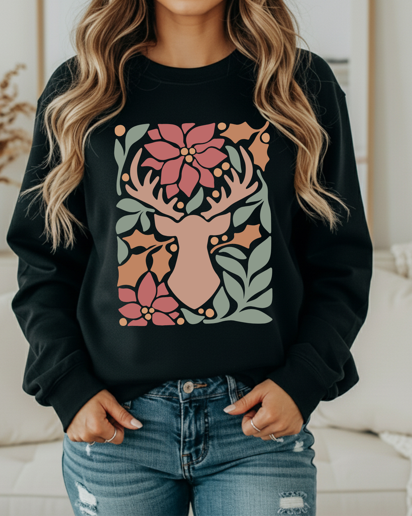 Rustic Reindeer Floral Christmas Sweatshirt – Cozy Holiday Crewneck
