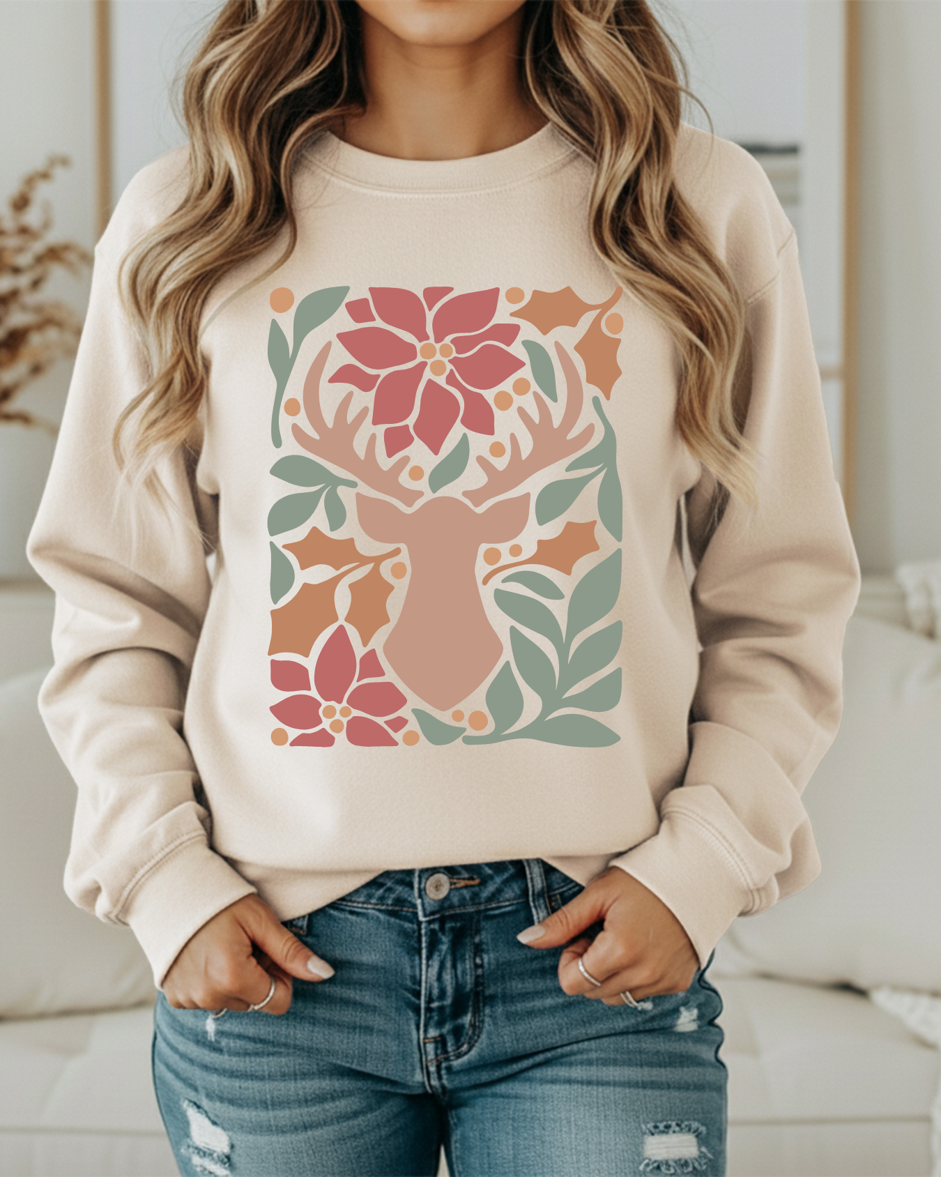 Rustic Reindeer Floral Christmas Sweatshirt – Cozy Holiday Crewneck