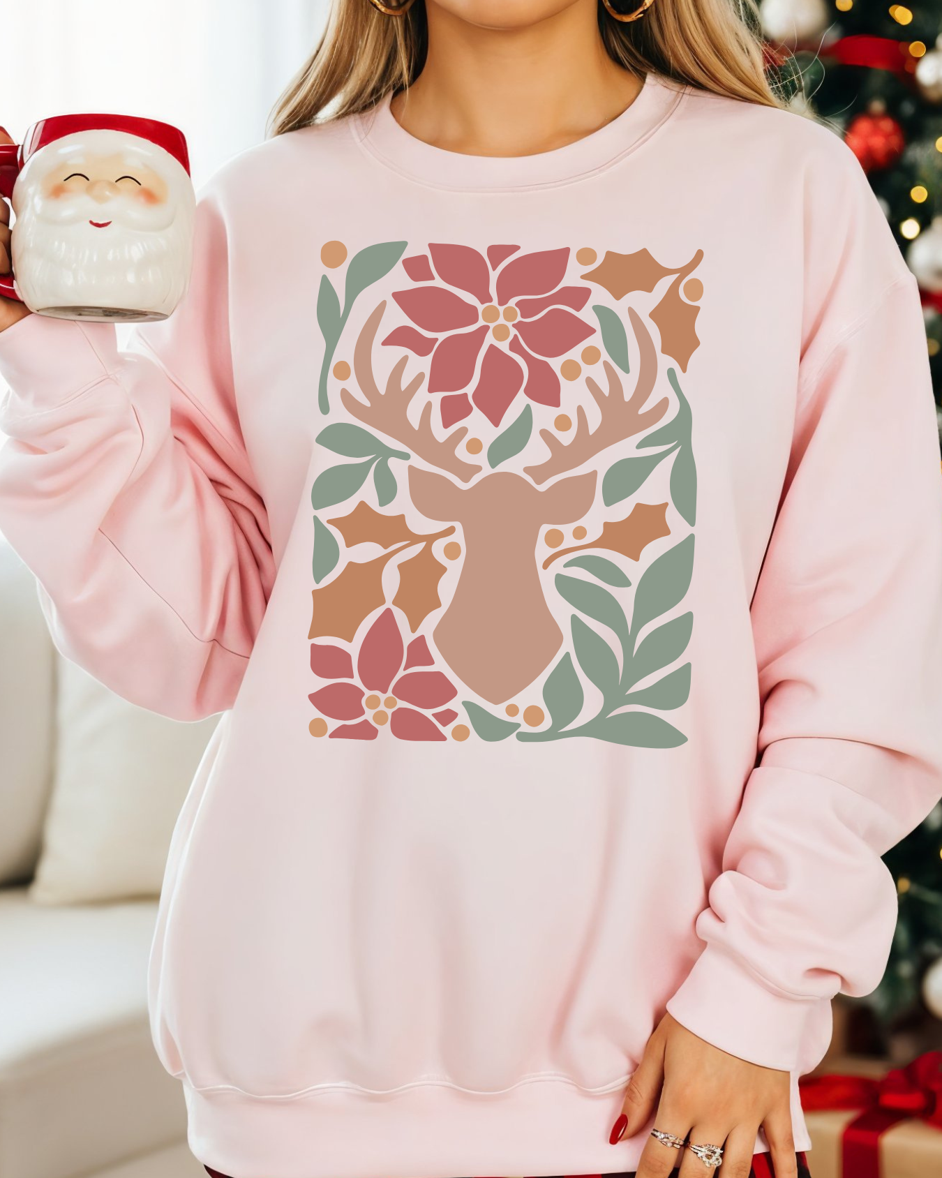 Rustic Reindeer Floral Christmas Sweatshirt – Cozy Holiday Crewneck
