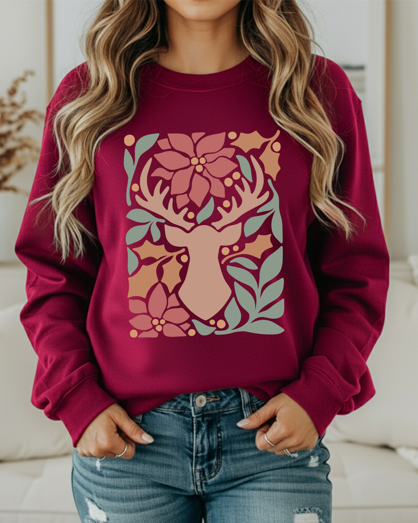 Rustic Reindeer Floral Christmas Sweatshirt – Cozy Holiday Crewneck