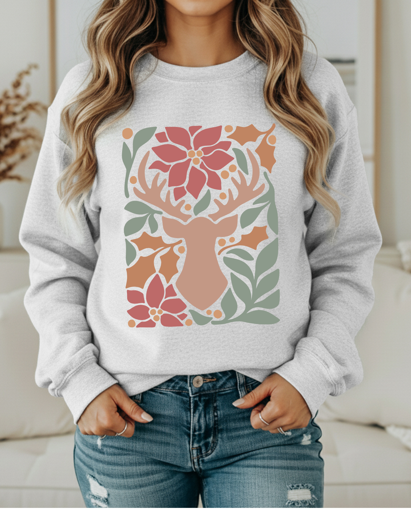 Rustic Reindeer Floral Christmas Sweatshirt – Cozy Holiday Crewneck