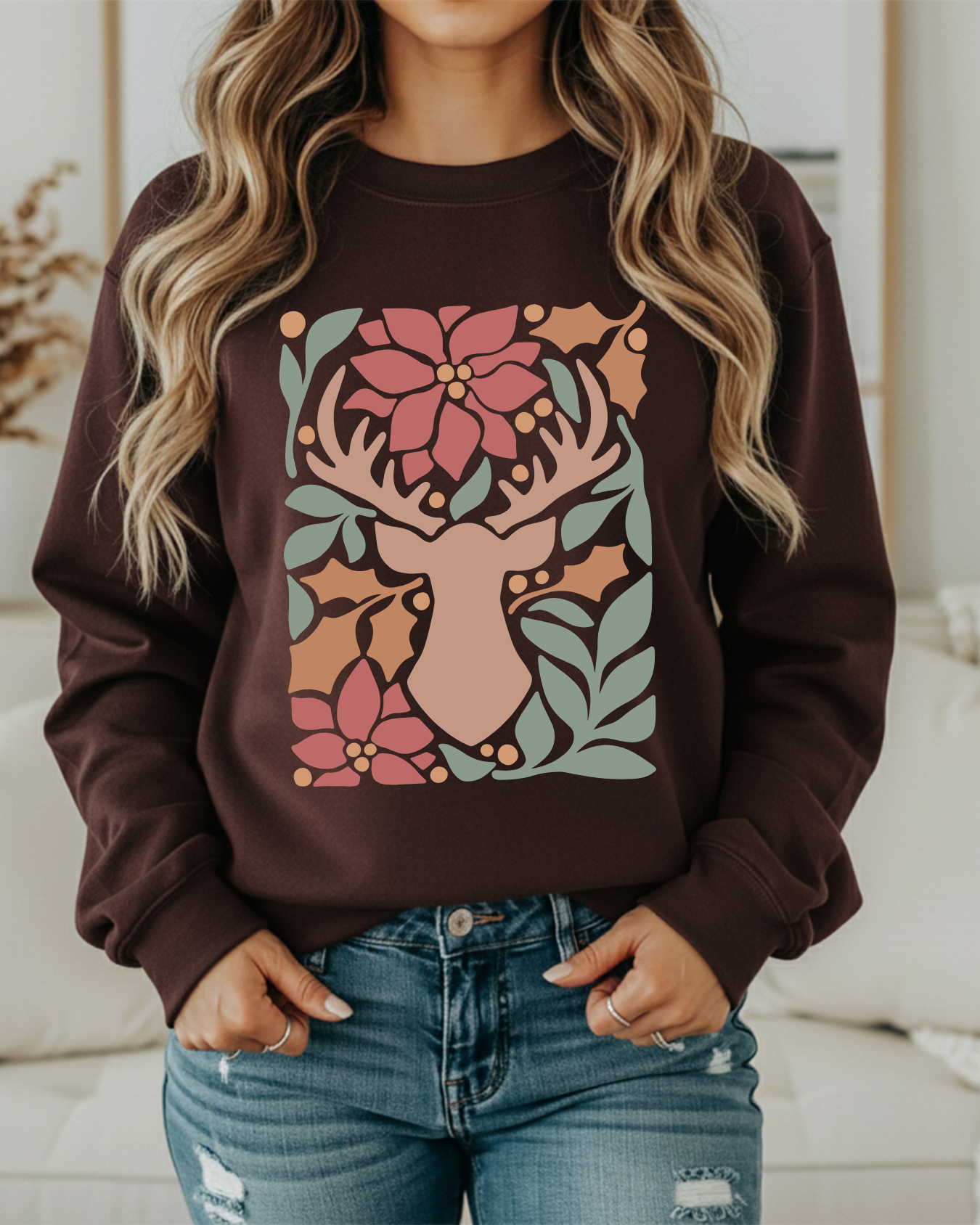 Rustic Reindeer Floral Christmas Sweatshirt – Cozy Holiday Crewneck