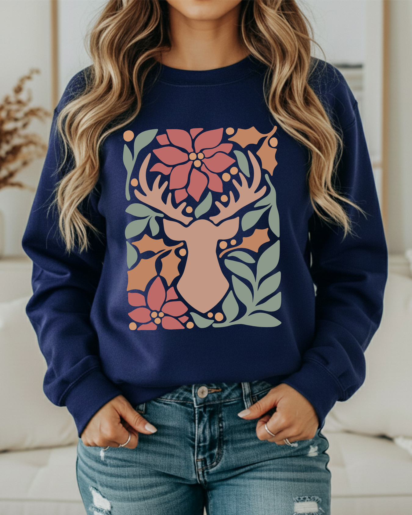 Rustic Reindeer Floral Christmas Sweatshirt – Cozy Holiday Crewneck