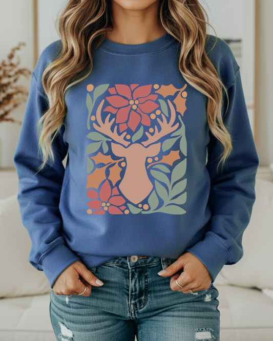 Rustic Reindeer Floral Christmas Sweatshirt – Cozy Holiday Crewneck