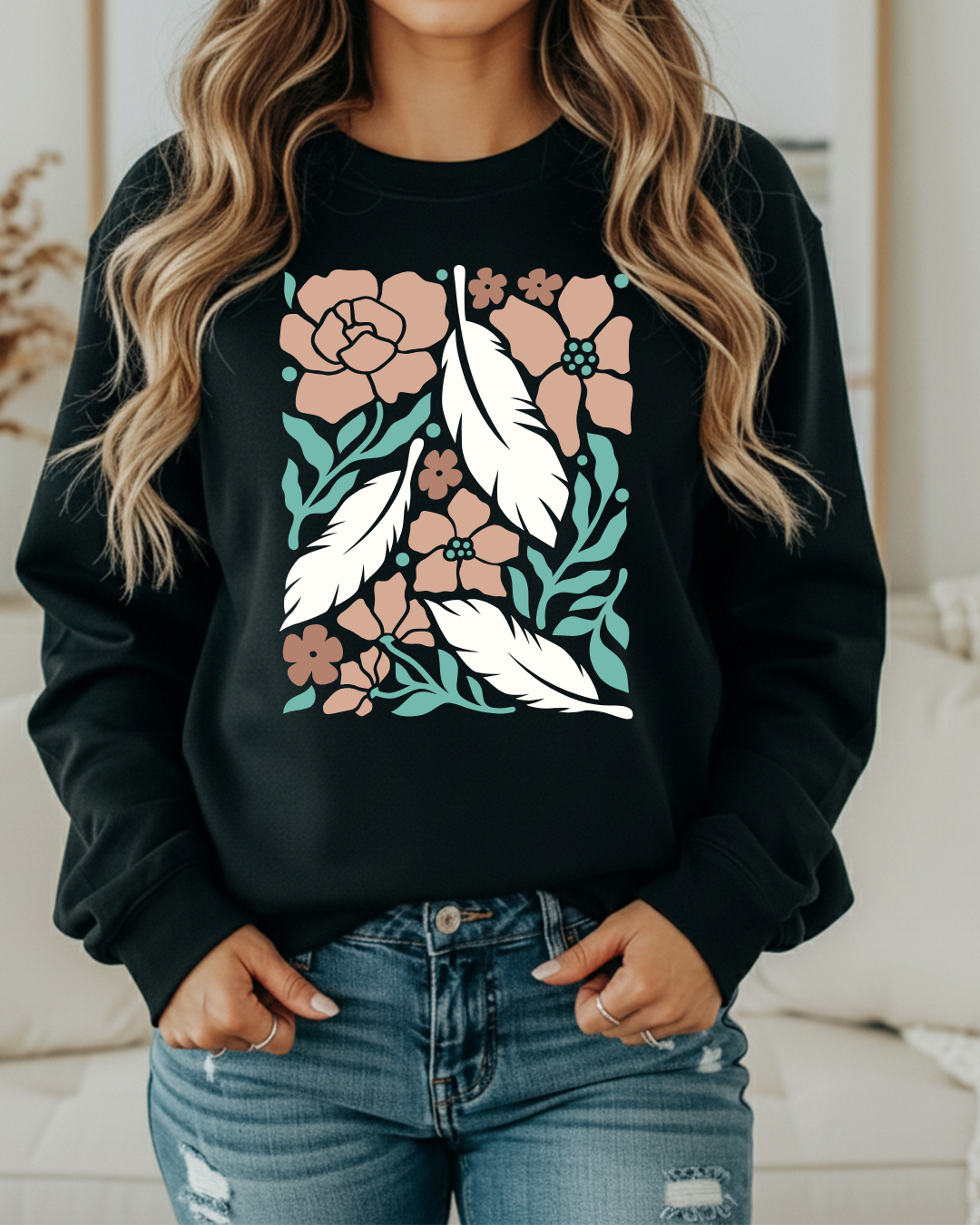 Boho Flowers & Feathers Sweatshirt – Cozy Retro Western Crewneck