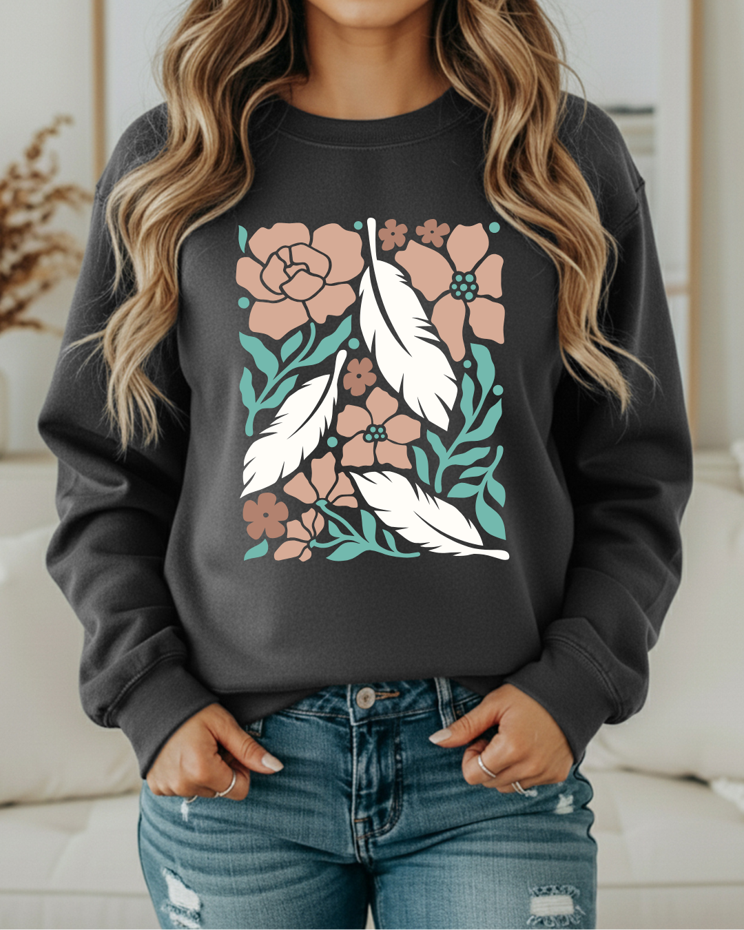 Boho Flowers & Feathers Sweatshirt – Cozy Retro Western Crewneck