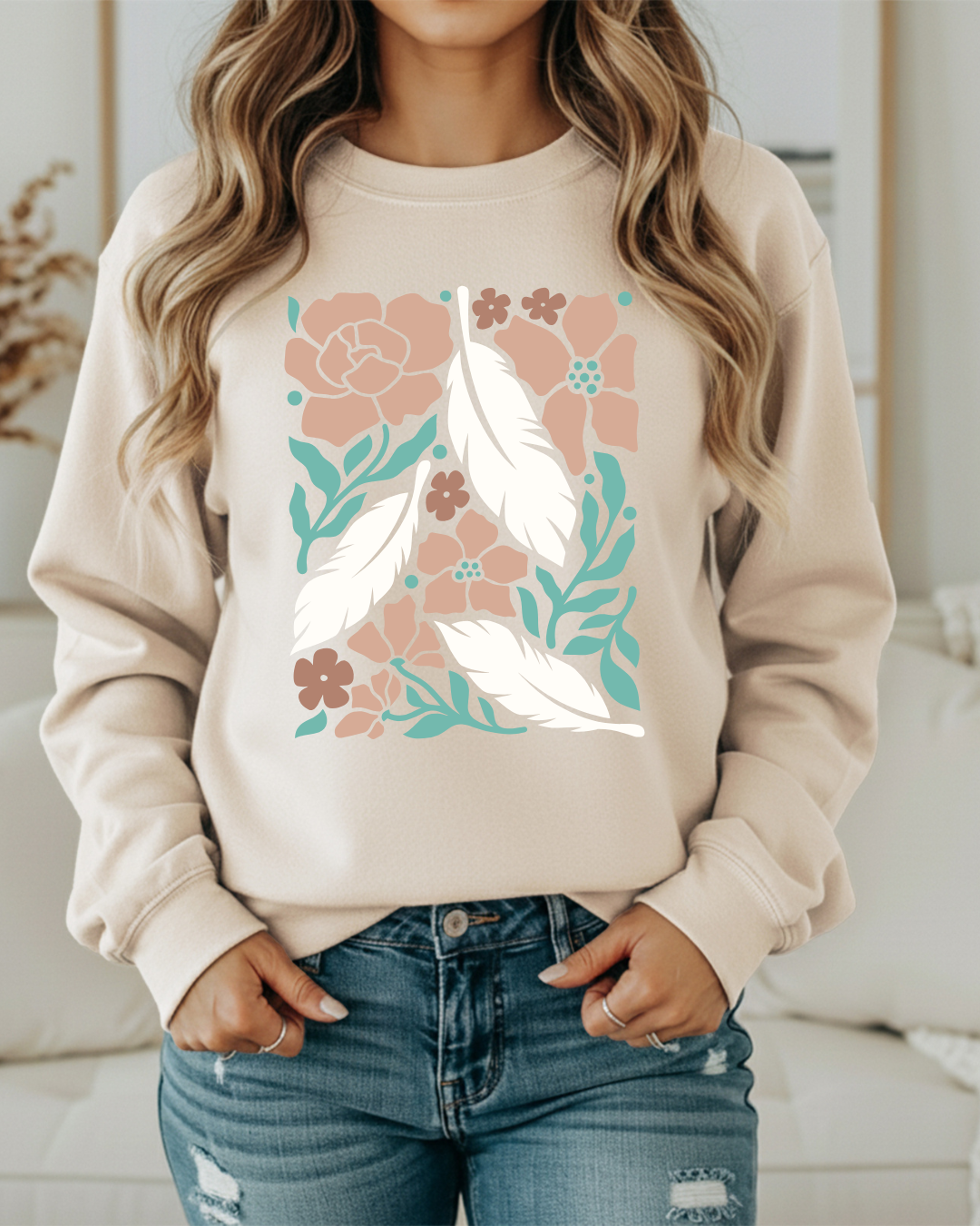 Boho Flowers & Feathers Sweatshirt – Cozy Retro Western Crewneck