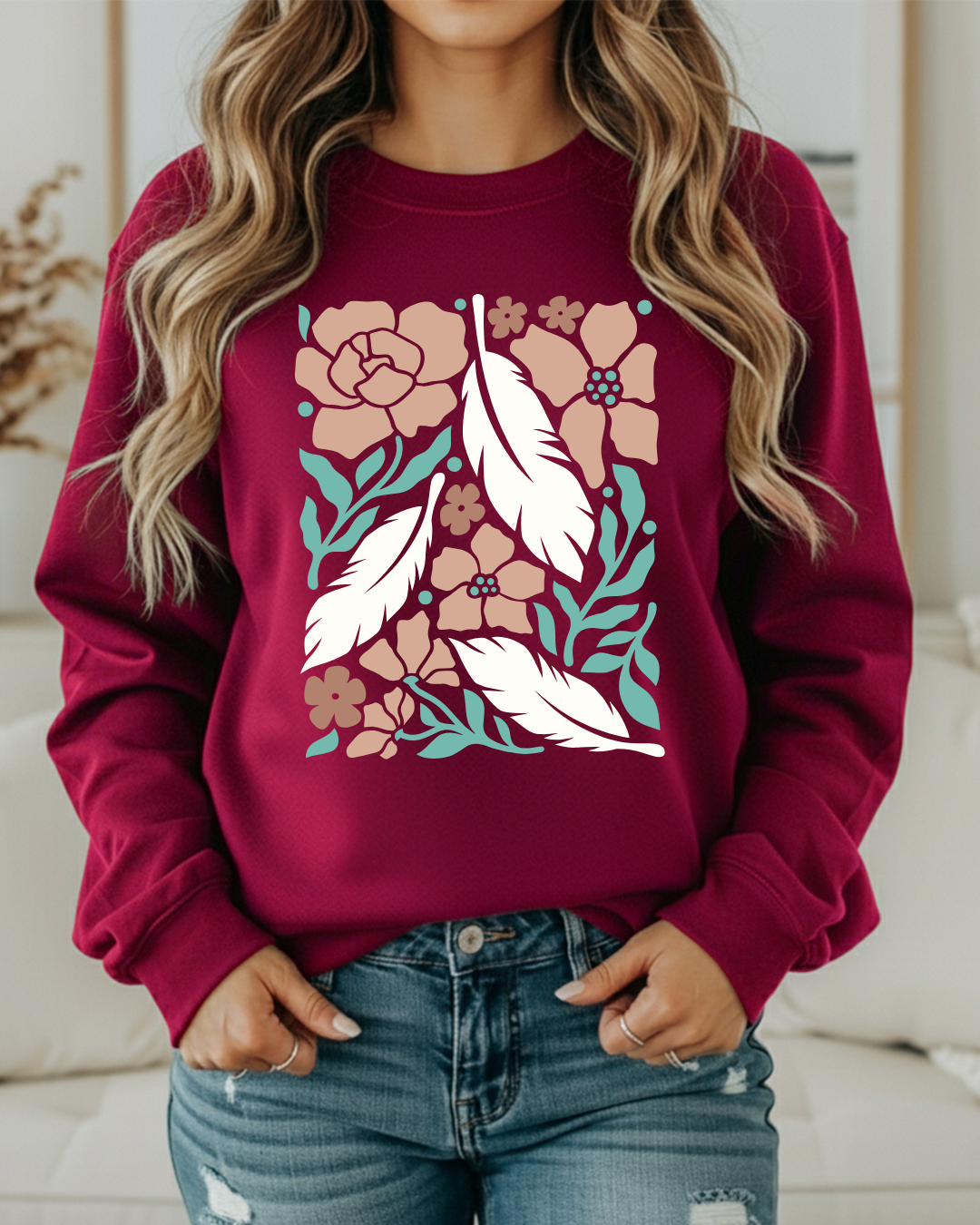 Boho Flowers & Feathers Sweatshirt – Cozy Retro Western Crewneck