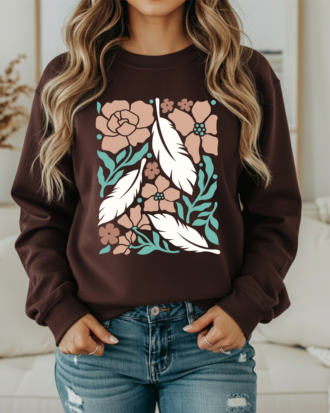 Boho Flowers & Feathers Sweatshirt – Cozy Retro Western Crewneck