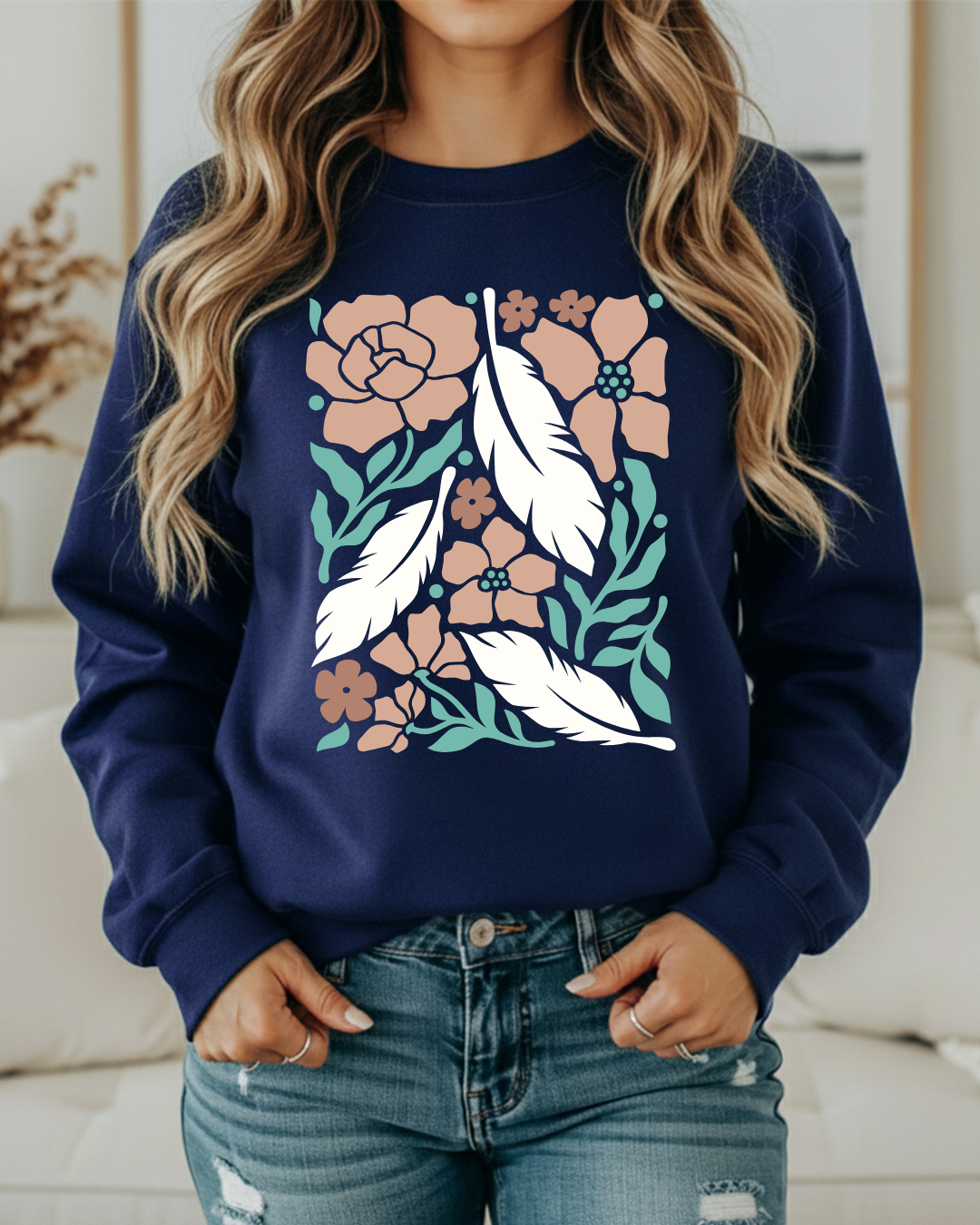 Boho Flowers & Feathers Sweatshirt – Cozy Retro Western Crewneck