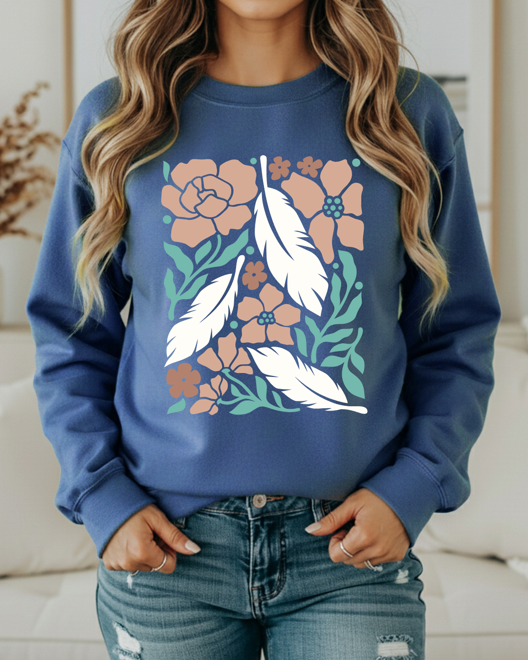 Boho Flowers & Feathers Sweatshirt – Cozy Retro Western Crewneck