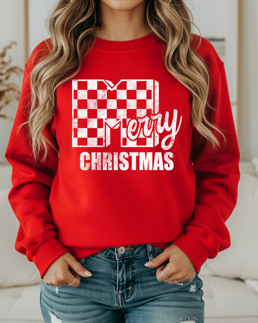 Merry Christmas Checker Sweatshirt – White Ink Distressed Checkerboard Holiday Pullover