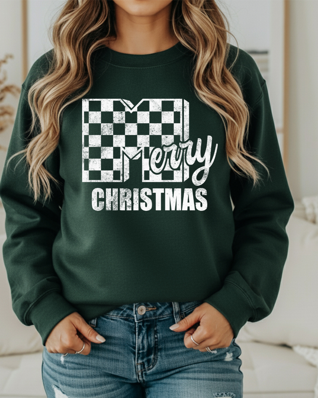 Merry Christmas Checker Sweatshirt – White Ink Distressed Checkerboard Holiday Pullover