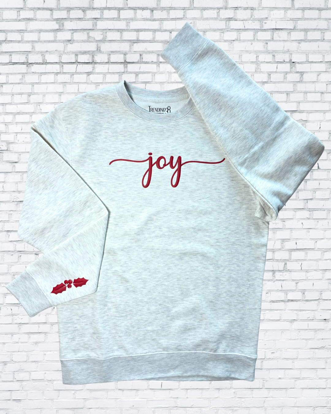 Joy Puff Print Christmas Sweatshirt – Red, Forest Green & Oatmeal Heather | Holiday Cozy Crewneck by Trending38