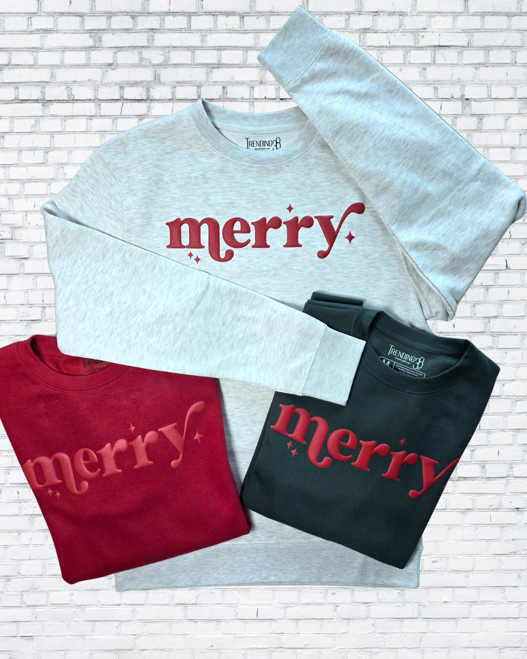 Merry Puff Print Christmas Sweatshirt – Oatmeal Heather, Red & Forest Green | Holiday Cozy Crewneck by Trending38