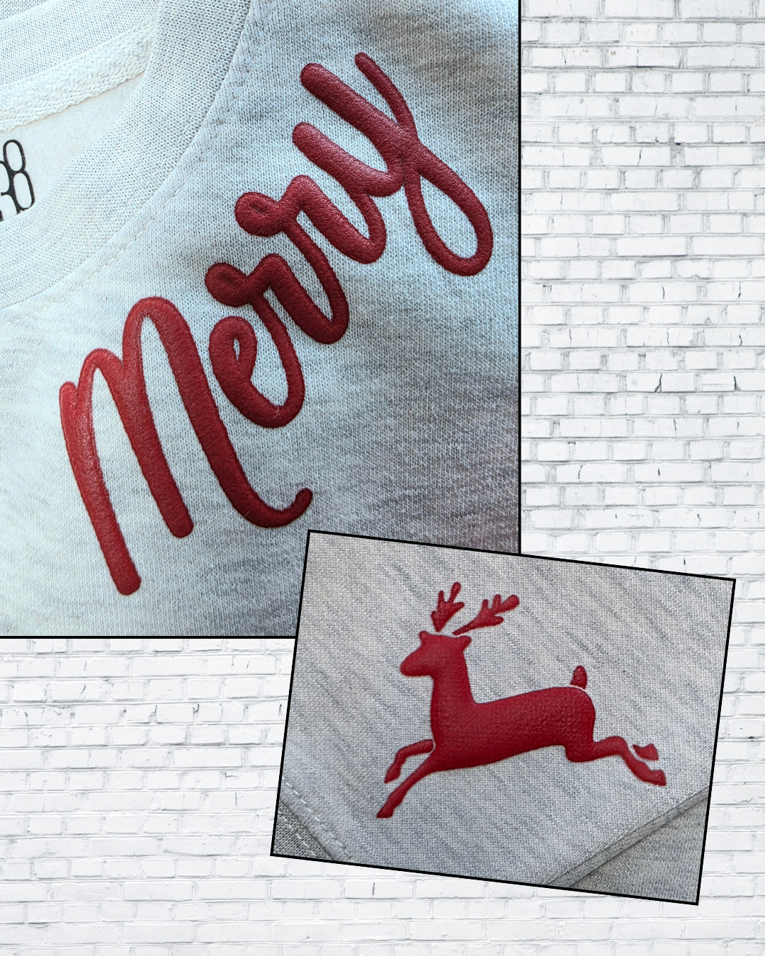 Merry Puff Print Reindeer Sleeve Christmas Sweatshirt – Oatmeal Heather, Red & Forest Green | Holiday Crewneck by Trending38