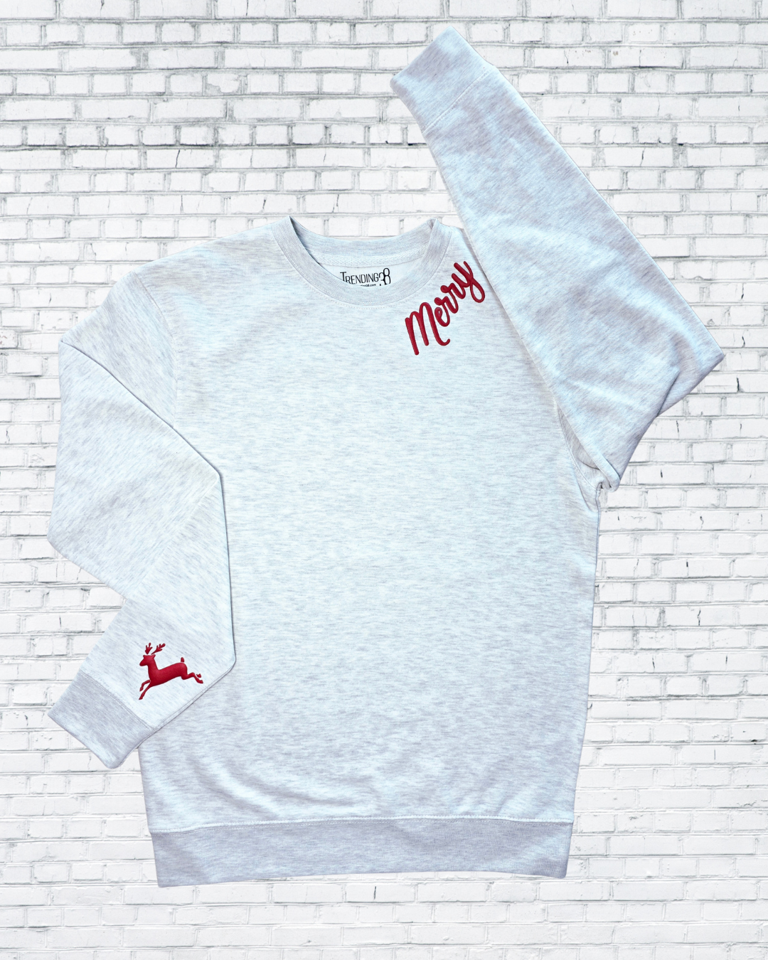 Merry Puff Print Reindeer Sleeve Christmas Sweatshirt – Oatmeal Heather, Red & Forest Green | Holiday Crewneck by Trending38