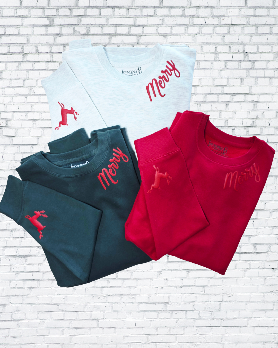 Merry Puff Print Reindeer Sleeve Christmas Sweatshirt – Oatmeal Heather, Red & Forest Green | Holiday Crewneck by Trending38