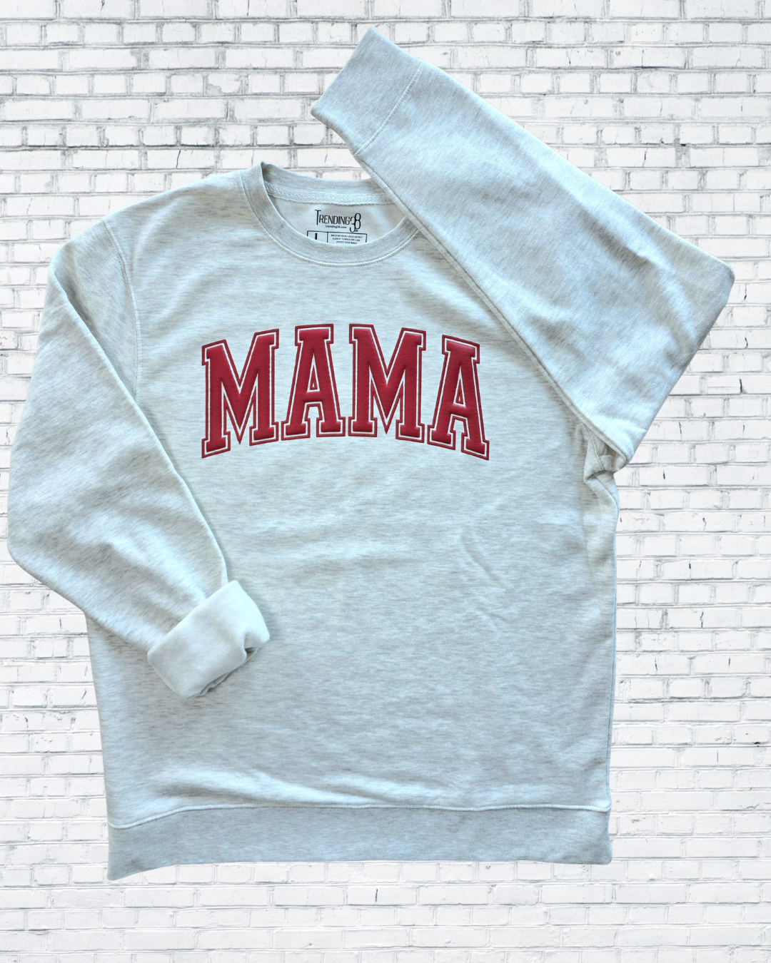 MAMA Puff Print Varsity Sweatshirt – Oatmeal Heather | Raised Ink Cozy Mom Crewneck by Trending38