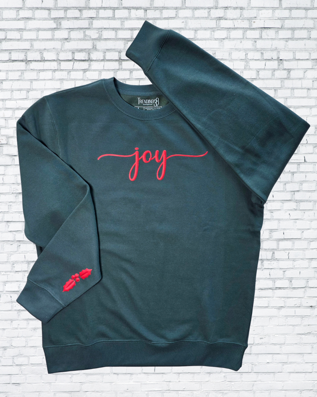 Joy Puff Print Christmas Sweatshirt – Red, Forest Green & Oatmeal Heather | Holiday Cozy Crewneck by Trending38