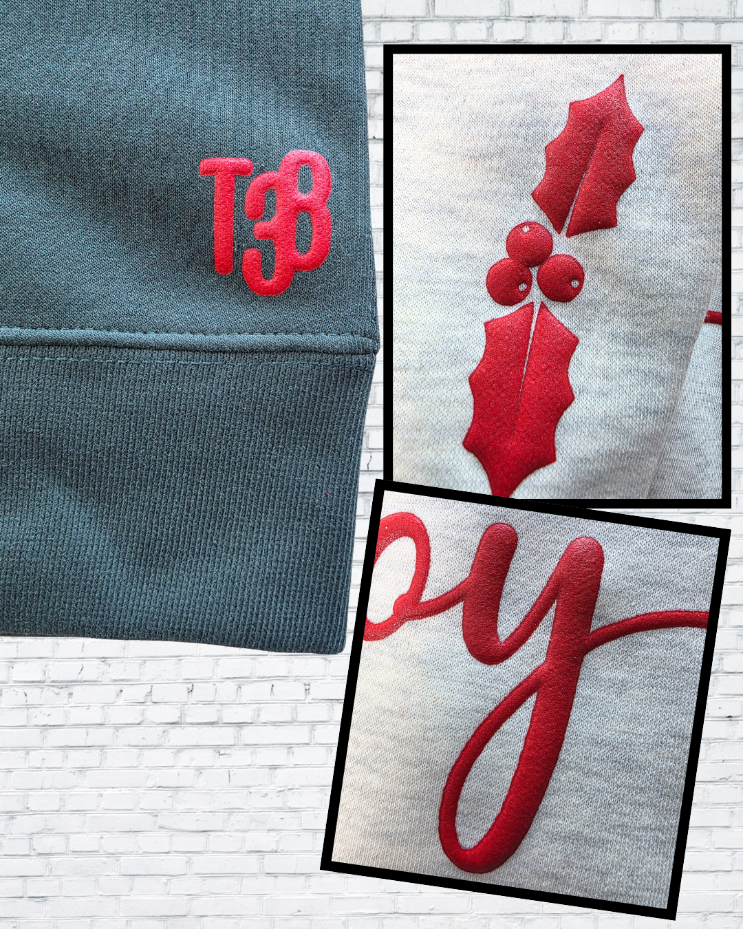 Joy Puff Print Christmas Sweatshirt – Red, Forest Green & Oatmeal Heather | Holiday Cozy Crewneck by Trending38