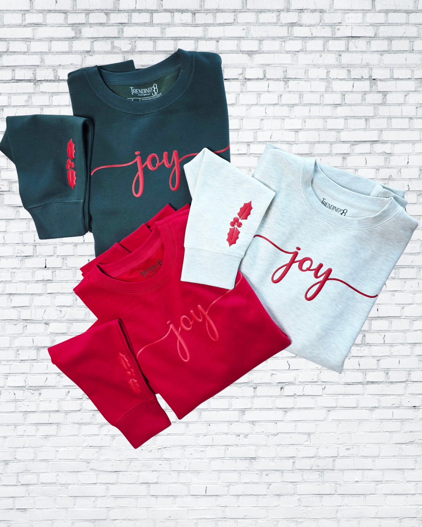 Joy Puff Print Christmas Sweatshirt – Red, Forest Green & Oatmeal Heather | Holiday Cozy Crewneck by Trending38