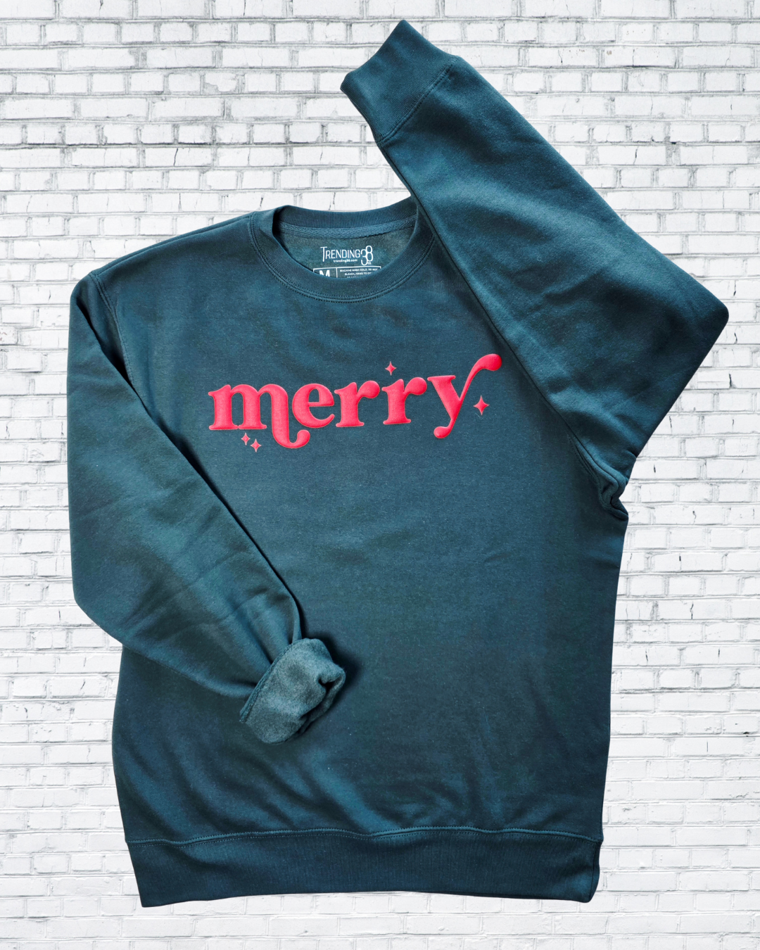 Merry Puff Print Christmas Sweatshirt – Oatmeal Heather, Red & Forest Green | Holiday Cozy Crewneck by Trending38