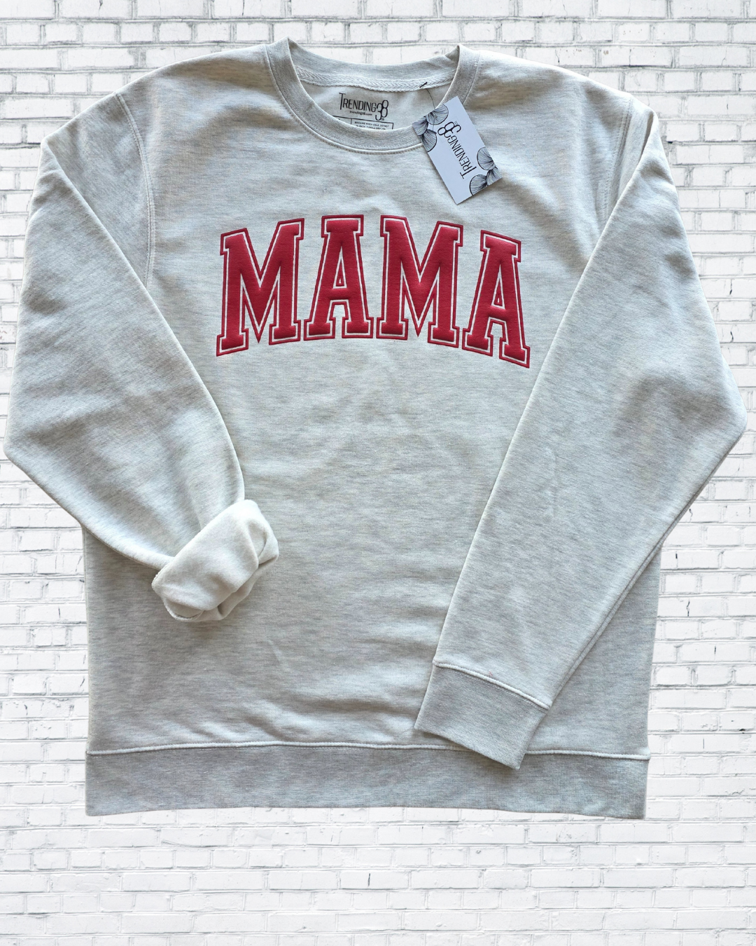 MAMA Puff Print Varsity Sweatshirt – Oatmeal Heather | Raised Ink Cozy Mom Crewneck by Trending38