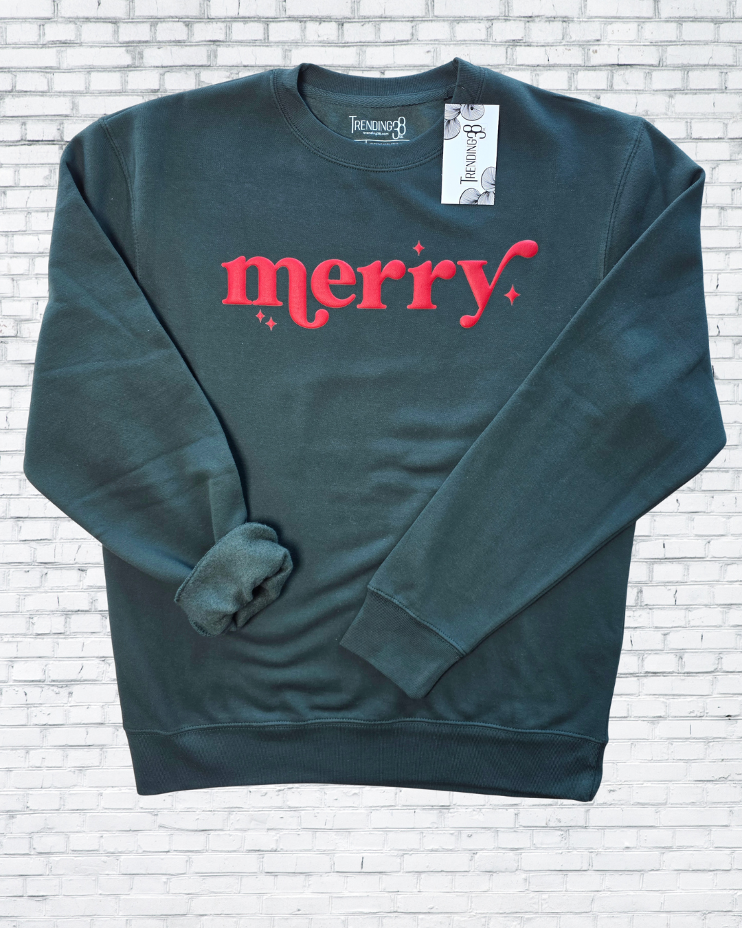 Merry Puff Print Christmas Sweatshirt – Oatmeal Heather, Red & Forest Green | Holiday Cozy Crewneck by Trending38