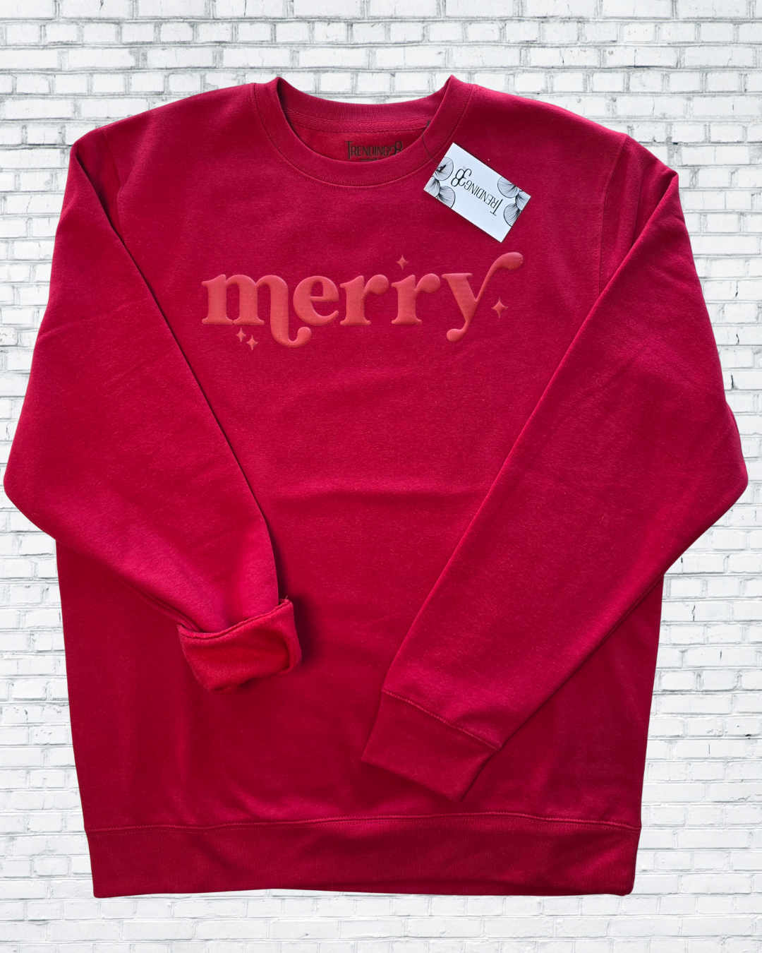 Merry Puff Print Christmas Sweatshirt – Oatmeal Heather, Red & Forest Green | Holiday Cozy Crewneck by Trending38
