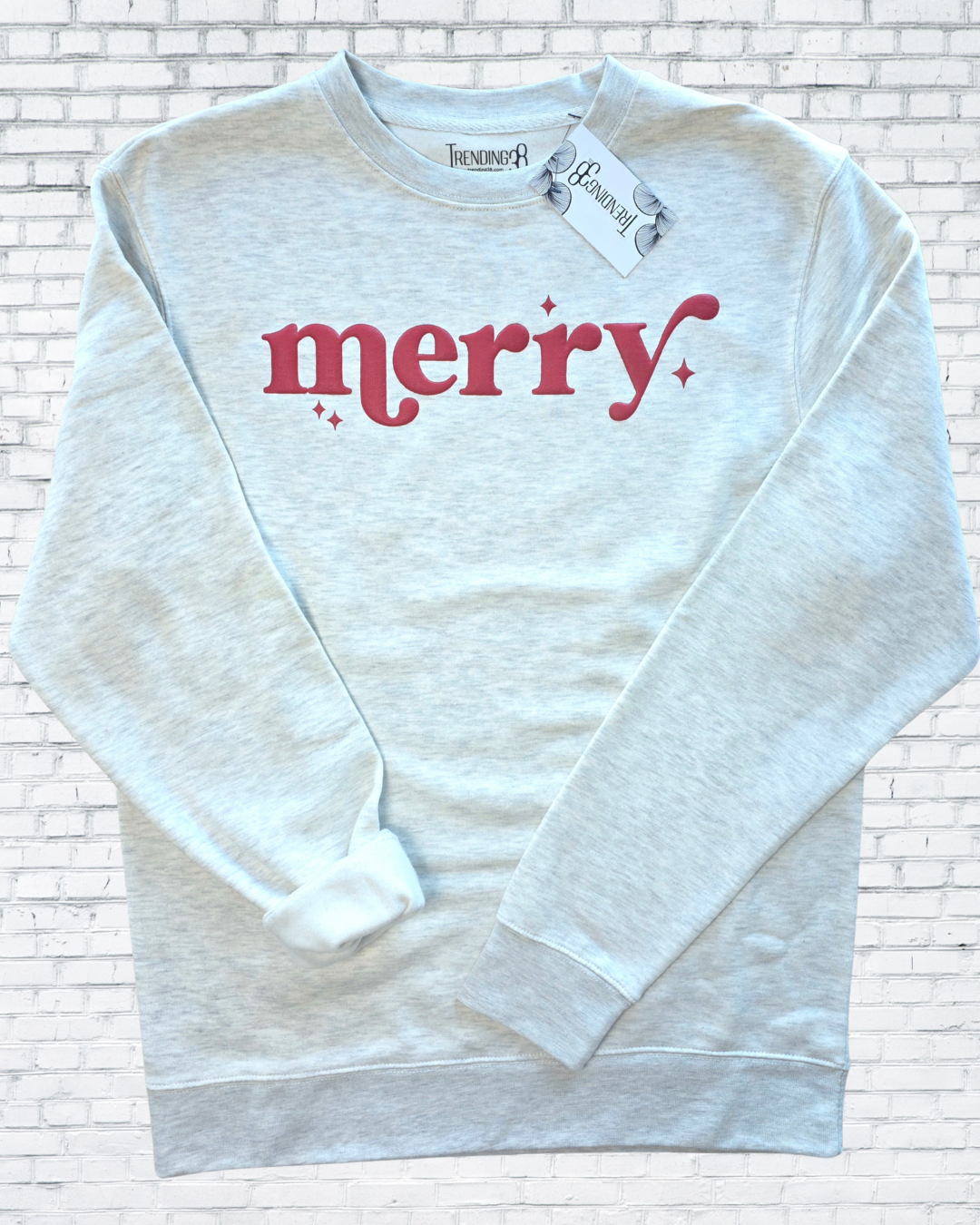 Merry Puff Print Christmas Sweatshirt – Oatmeal Heather, Red & Forest Green | Holiday Cozy Crewneck by Trending38