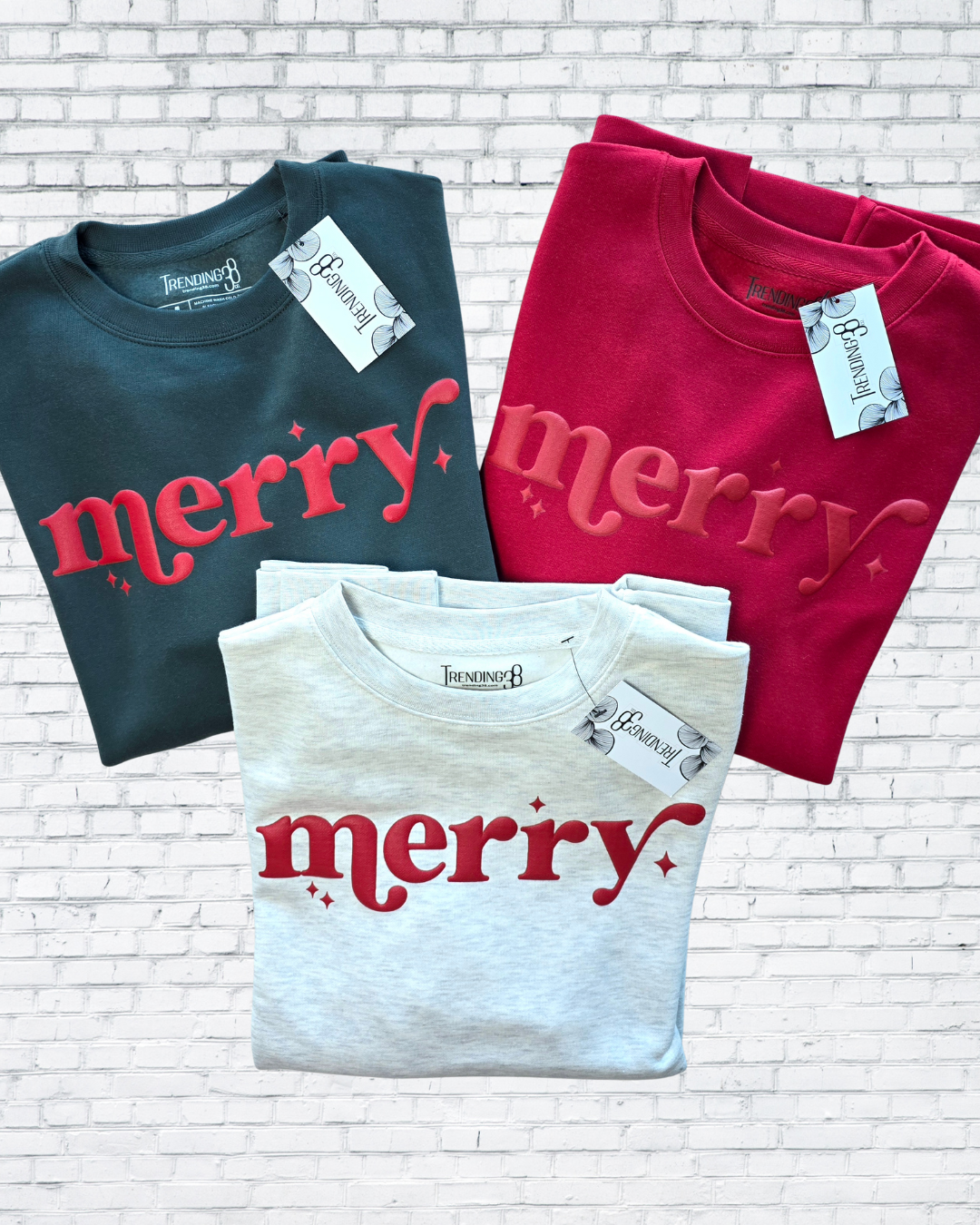 Merry Puff Print Christmas Sweatshirt – Oatmeal Heather, Red & Forest Green | Holiday Cozy Crewneck by Trending38