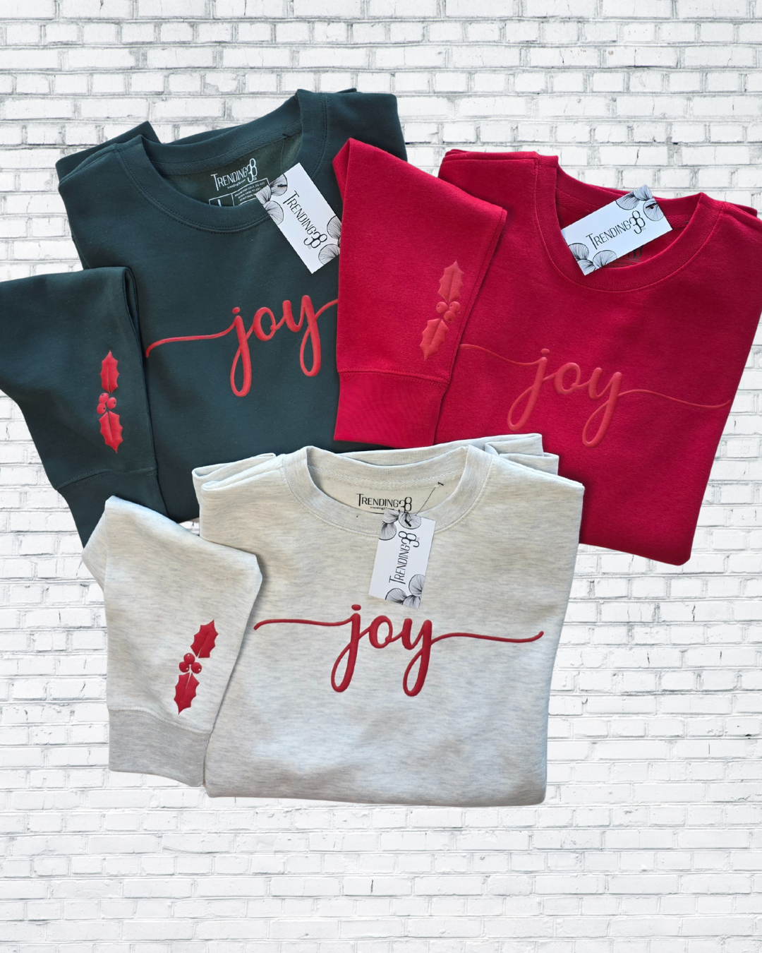 Joy Puff Print Christmas Sweatshirt – Red, Forest Green & Oatmeal Heather | Holiday Cozy Crewneck by Trending38