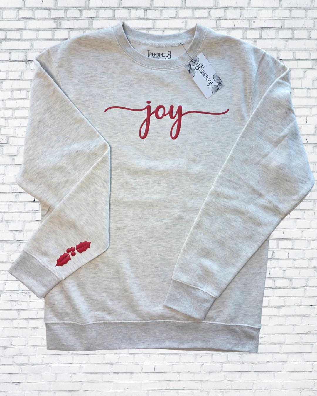 Joy Puff Print Christmas Sweatshirt – Red, Forest Green & Oatmeal Heather | Holiday Cozy Crewneck by Trending38