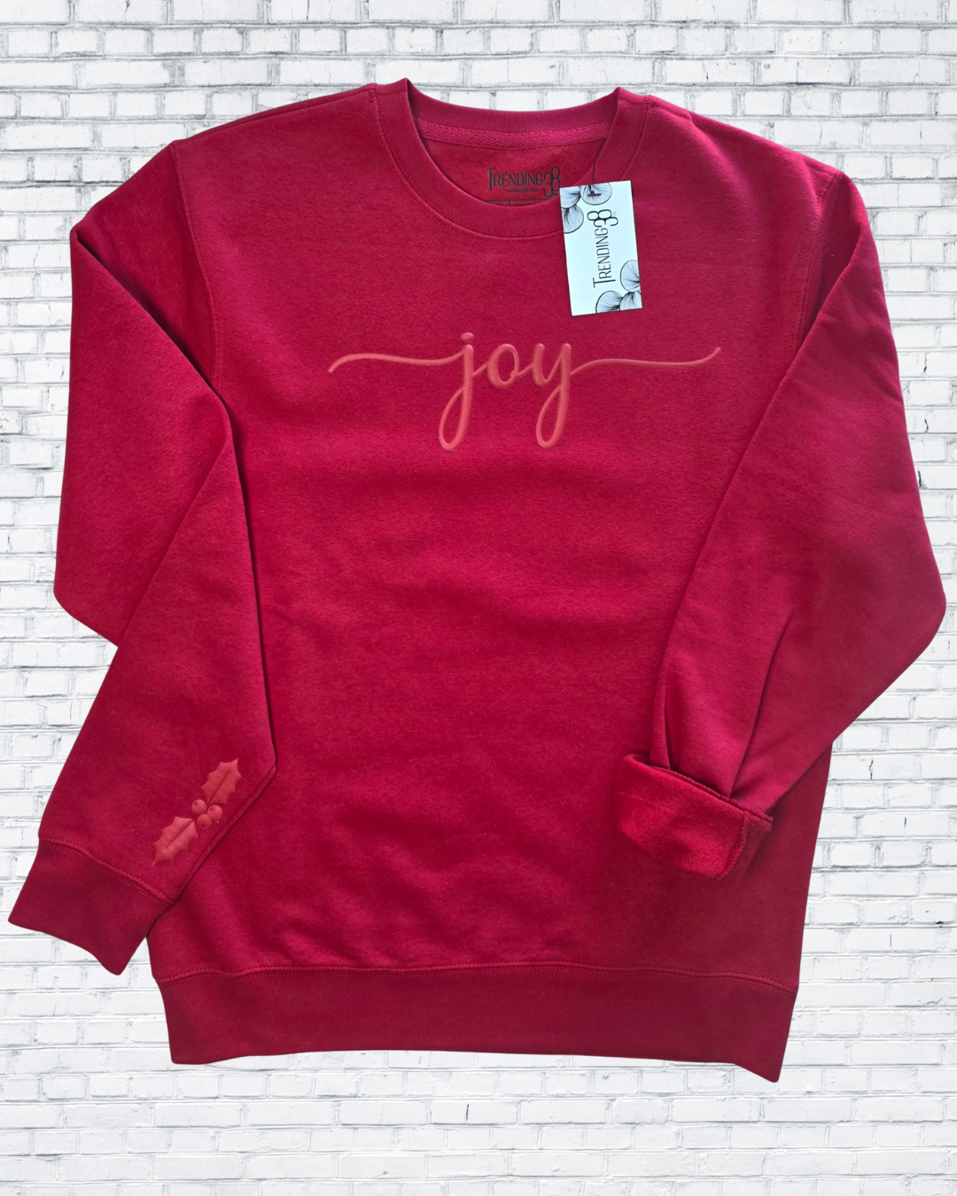 Joy Puff Print Christmas Sweatshirt – Red, Forest Green & Oatmeal Heather | Holiday Cozy Crewneck by Trending38