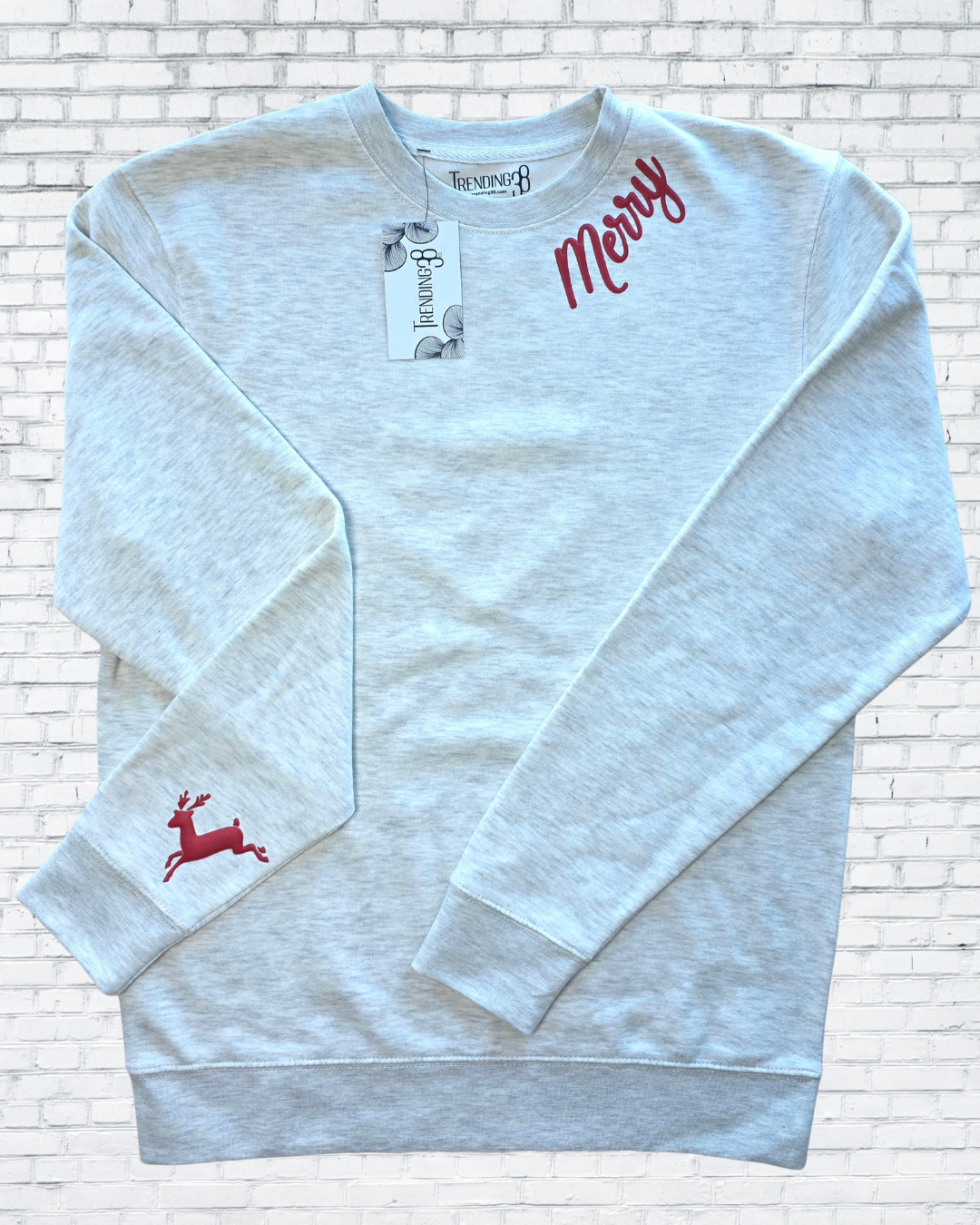 Merry Puff Print Reindeer Sleeve Christmas Sweatshirt – Oatmeal Heather, Red & Forest Green | Holiday Crewneck by Trending38