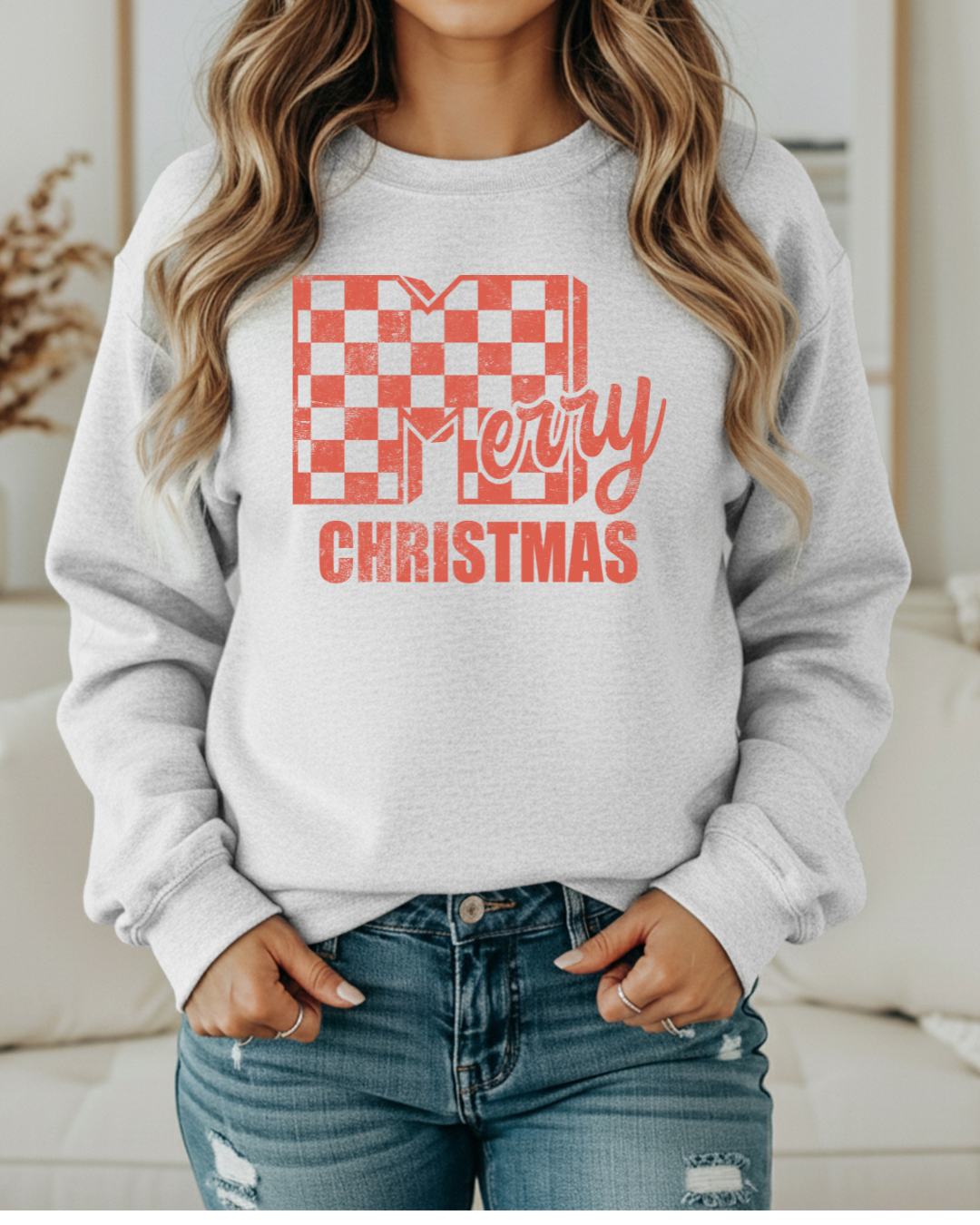 Merry Christmas Checker Sweatshirt – Red Ink Checkerboard Holiday Pullover