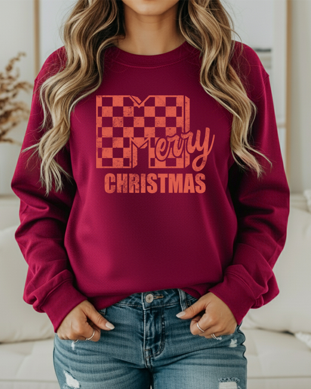 Merry Christmas Checker Sweatshirt – Red Ink Checkerboard Holiday Pullover