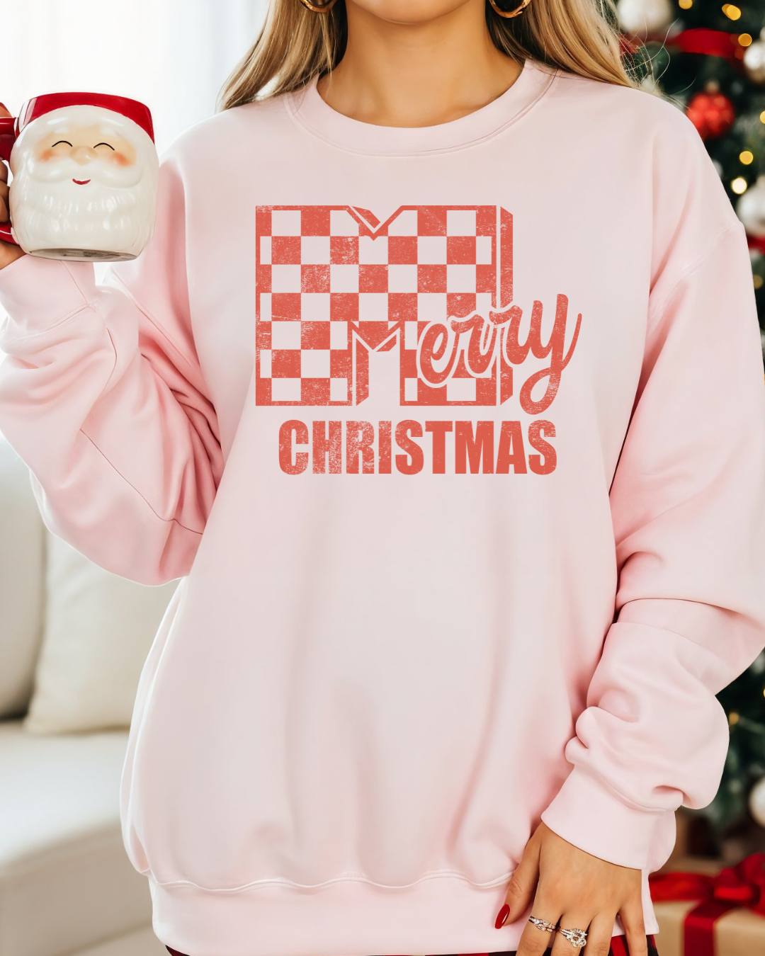 Merry Christmas Checker Sweatshirt – Red Ink Checkerboard Holiday Pullover