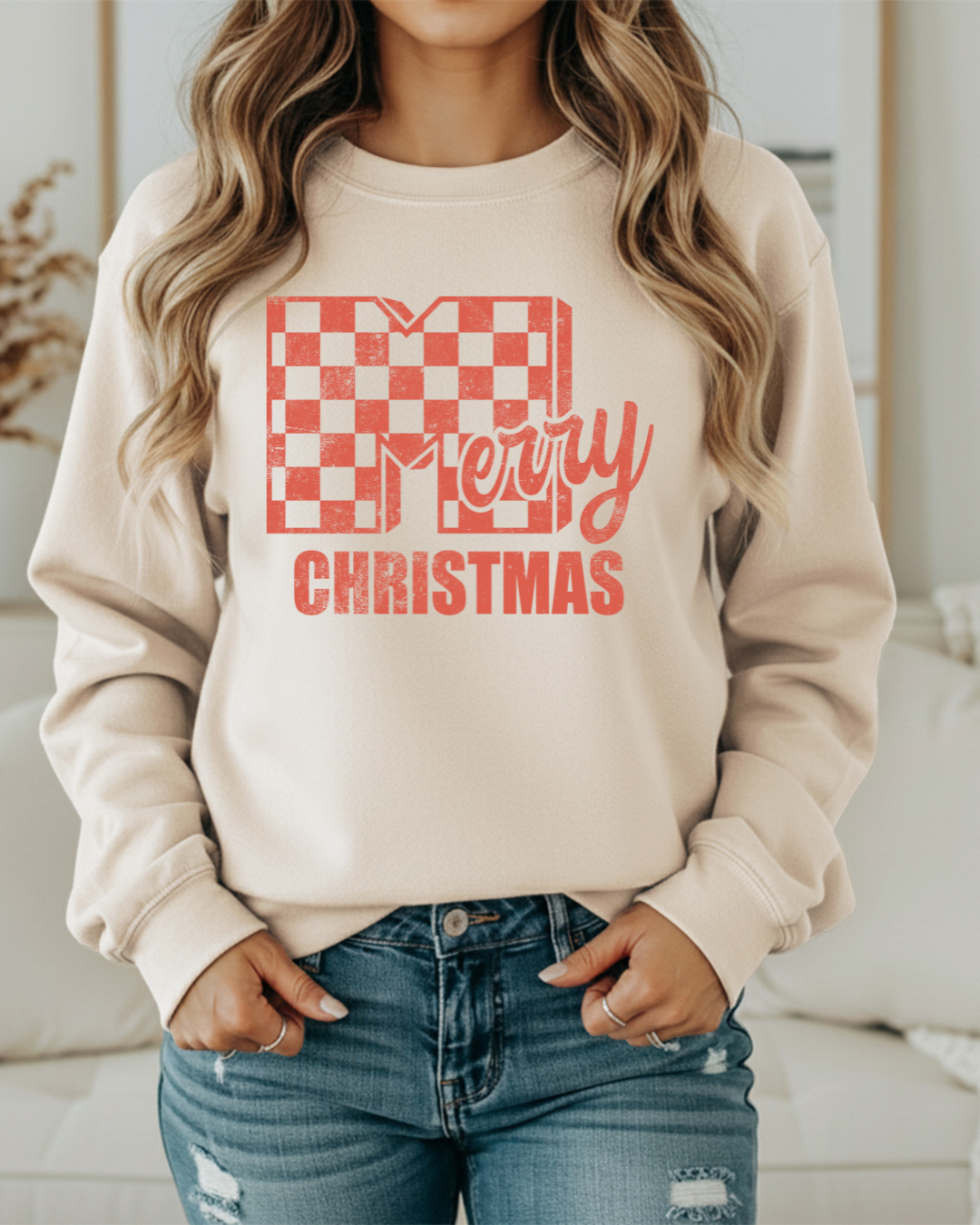 Merry Christmas Checker Sweatshirt – Red Ink Checkerboard Holiday Pullover