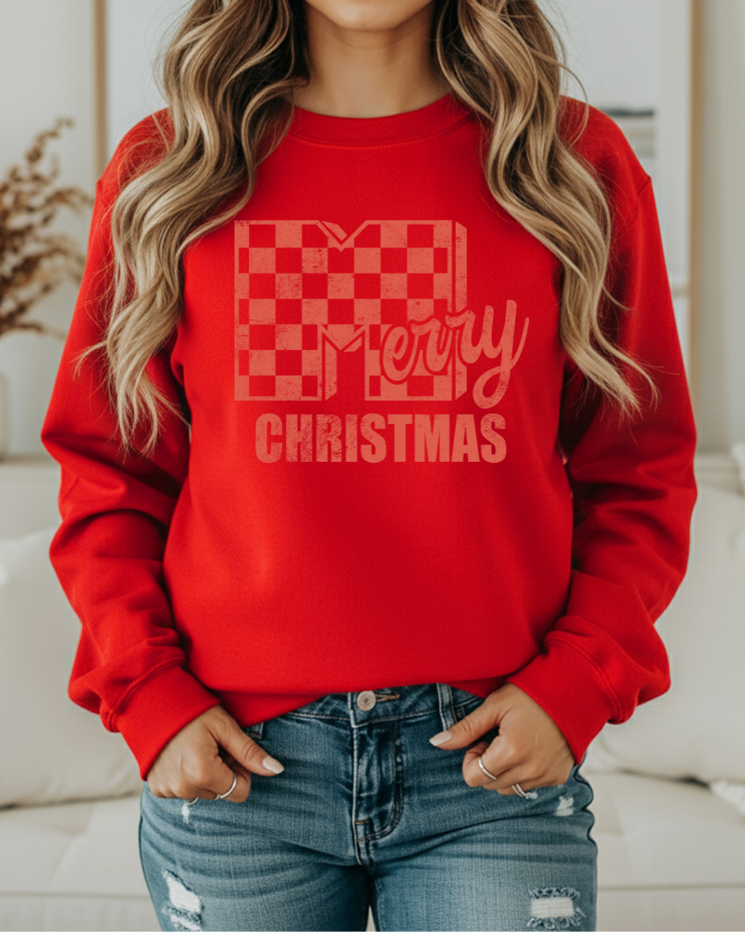 Merry Christmas Checker Sweatshirt – Red Ink Checkerboard Holiday Pullover