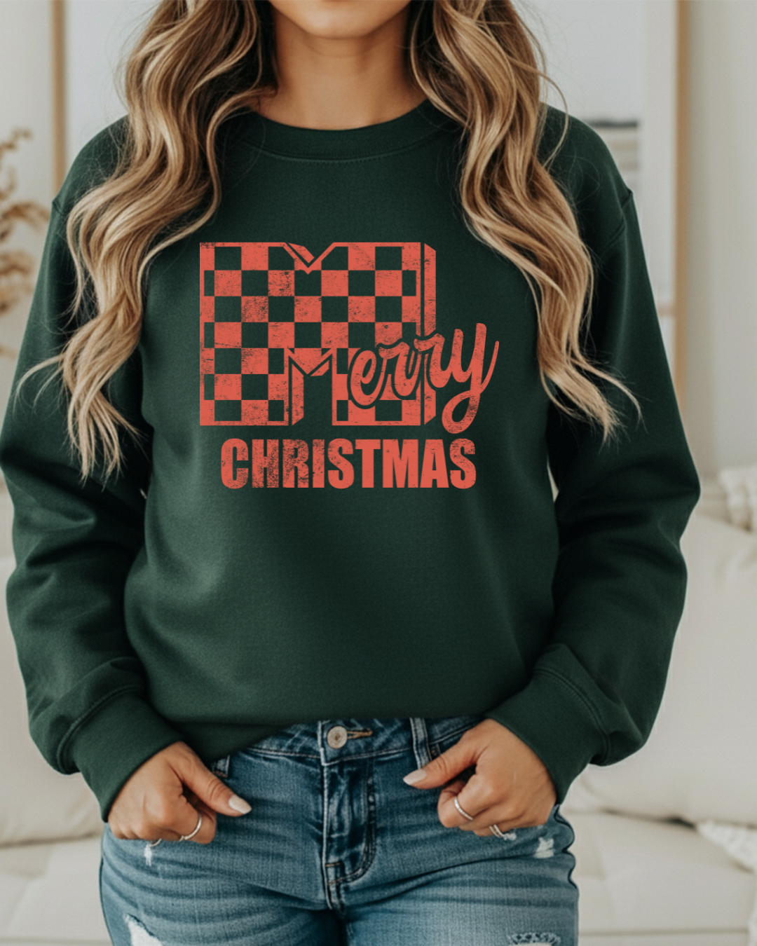 Merry Christmas Checker Sweatshirt – Red Ink Checkerboard Holiday Pullover