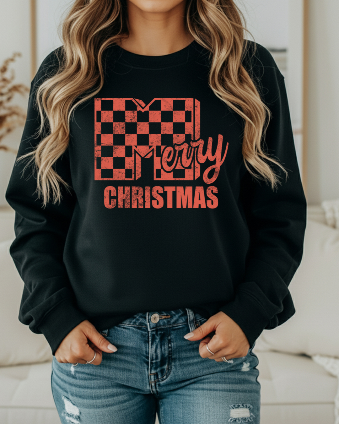 Merry Christmas Checker Sweatshirt – Red Ink Checkerboard Holiday Pullover