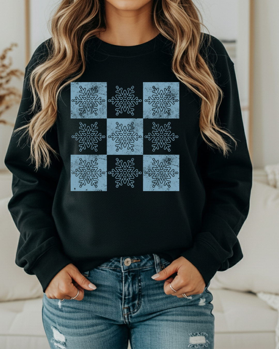 Snowflake Checker Pattern Sweatshirt – Winter Checkered Pullover