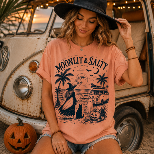 Moonlit & Salty Coastal Halloween Comfort Colors® Graphic Tee | Vintage Beach Witch Shirt