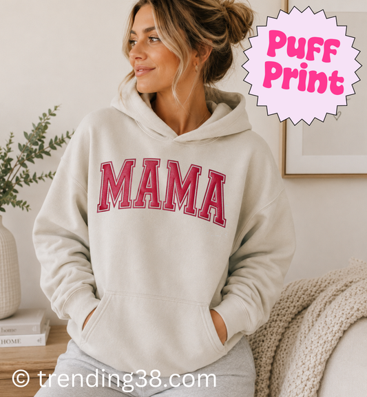 MAMA Puff Print Varsity Sweatshirt, Hoodie – Oatmeal Heather | Raised Ink Cozy Mom Crewneck/Hoodie by Trending38
